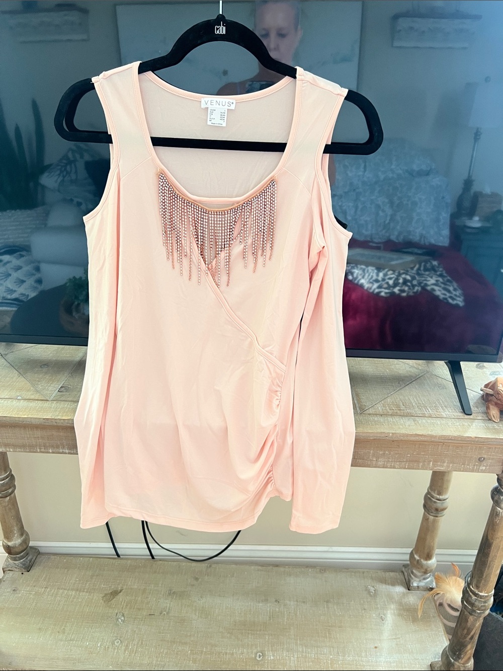 VENUS Light Pink Sleeveless Top with Beaded Fringe